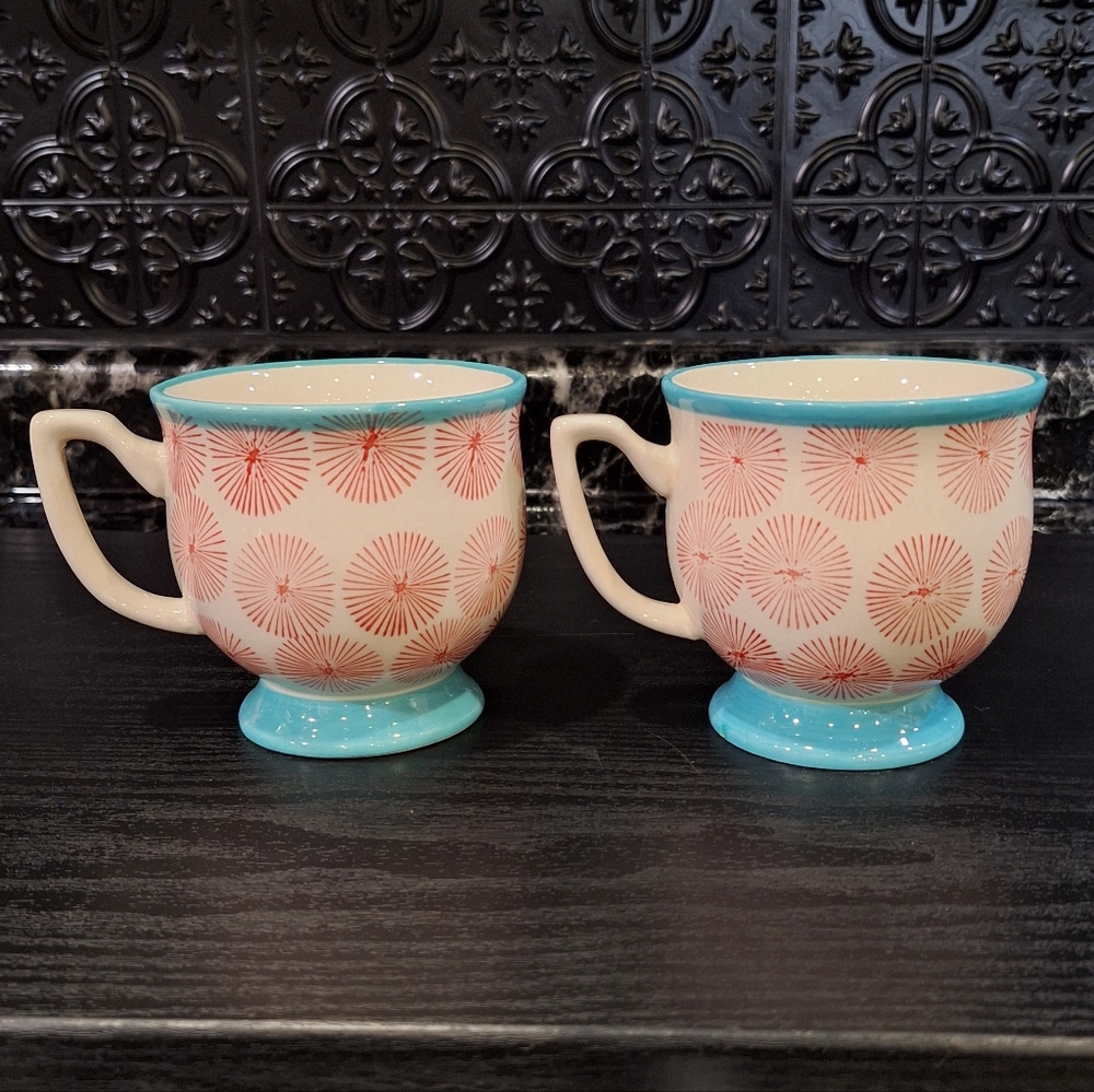 2 Pioneer Woman Happiness Mugs Teal And Red Dandelion Mugs, Tea. Coffee, Blue